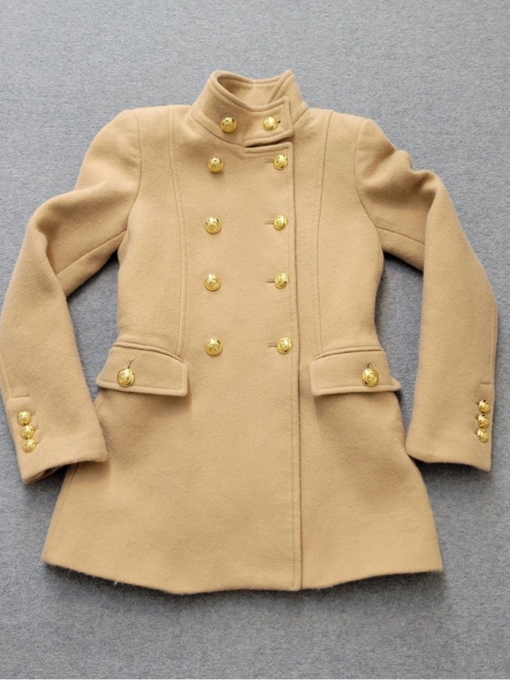 Zara Double-Breasted Pea Coat in Camel with Gold Buttons XS like new